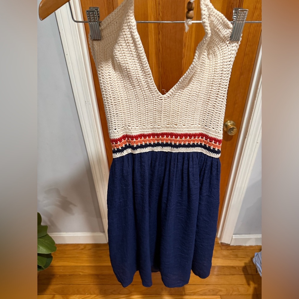 Speechless Navy Dress with Crochet Cream Bodice and Striped Waist - Picture 8 of 13